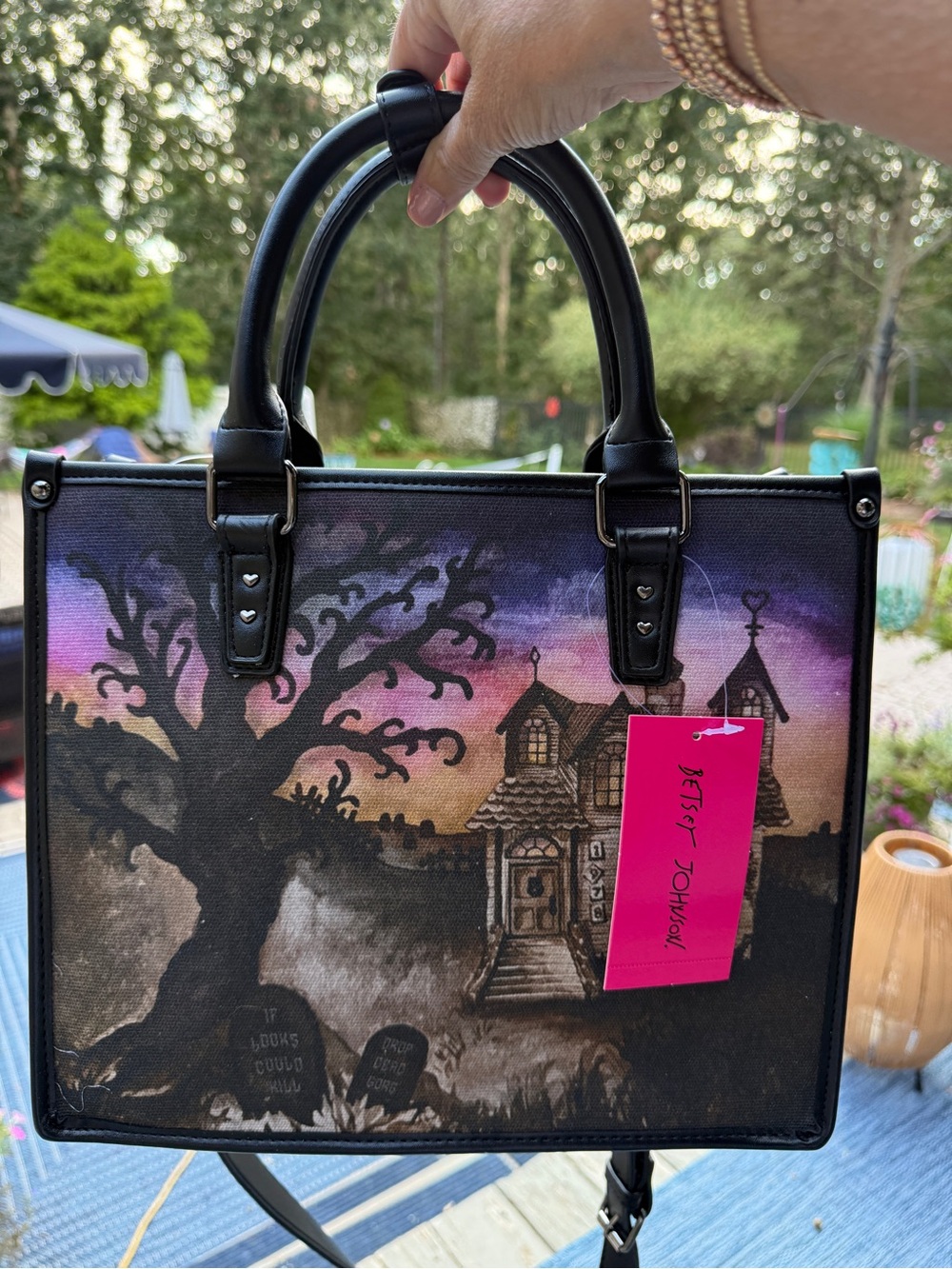 Betsey Johnson Viral Haunted House Halloween Satchel Bag Black Cat NWT - Picture 2 of 5